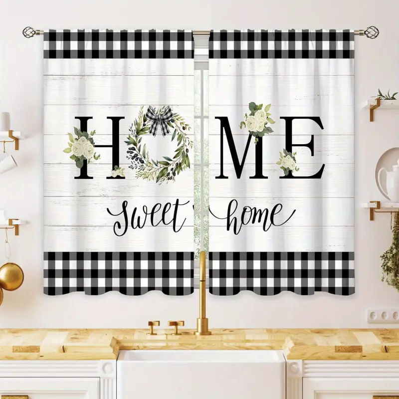 2-Piece Knit Fabric Blackout Window Curtains - Black and White Checkered Floral Print Short Rod Pocket Drapes (28x40 in), Modern Small Window Curtains for Cafe, Easy Installation, Machine Washable, No Bleaching