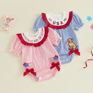Infant Baby Girl 4th of July Romper American Flag Embroidery Short Sleeve Patriotic Striped Jumpsuits 0-18 Months