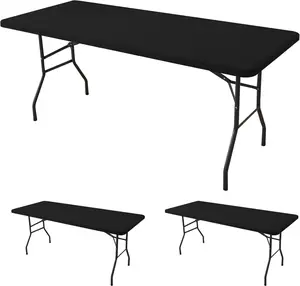 Fitted Tablecloth for 6 Foot Rectangle Tables-2 Pack Black Elastic Outdoor Picnic Table Cover-Spandex Stretch Folding Table Cloths 6 ft for Camping Dining Room Kitchen Banquet Party