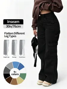 NVFelix Women's High Waist Cargo Jeans with 6 Pockets, Wide Leg Baggy Denim Pants for Casual StreetStyle Womenswear