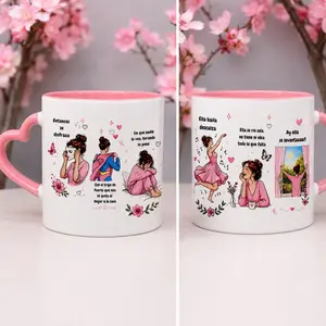 Pink Heart Handle Mug, Drinkware, Inspirational Spanish Quote Cute Aesthetic Coffee Cup Gift