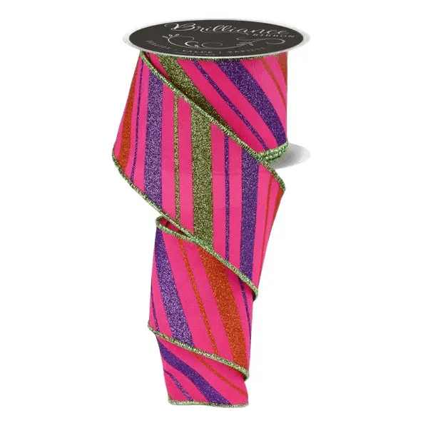 2.5" x 10yd Multi Diagonal Stripe Ribbon – Hot Pink/Purple/Orange/Lime