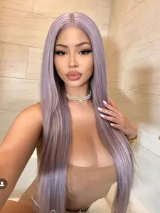 Lavender Purple 13x4 Front Lace Straight Hair Wig, Free Parting, Natural Hairline, High-Temperature Heat-Resistant Synthetic Fiber. Suitable for purple-themed stage looks, Coachella music festivals, ladies' parties, cosplay, and stage performances 28inch