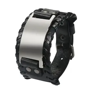 OIDEA Engravable Wide Flat Bar Leather Cuff Bracelet for Men — Punk Rock Large Plate Adjustable Wristband, Black Brown