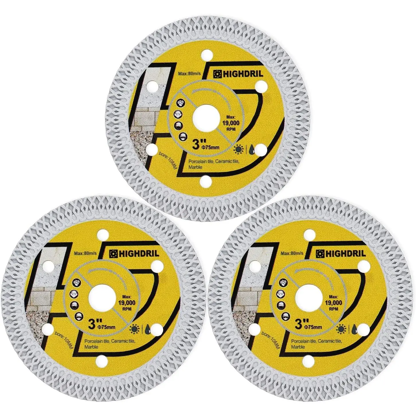 3PCS Tile Diamond Blade,3In/75mm x Arbor 3/8Inch/10mm X Mesh for Ceramic,Hard Porcelain,Glazed Tiles Marble Dry Cutting disc(3PCS)