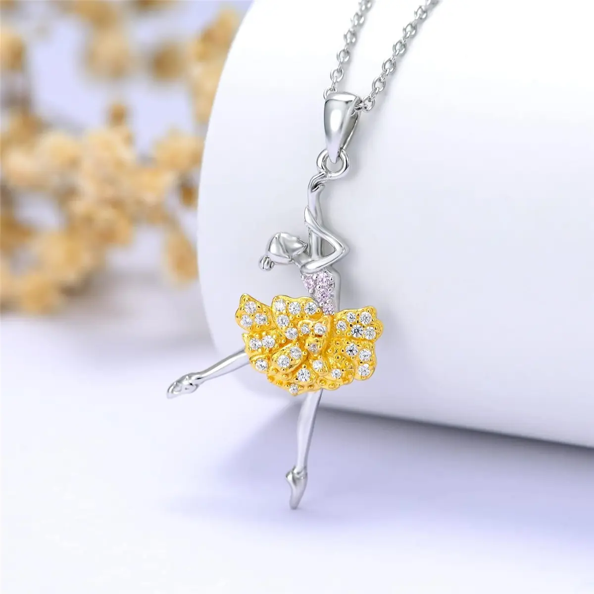 Ballet Dancer Pendant Necklace in Yellow Gold, Elegant Zirconia Charm for Women on a Dainty Stainless Steel Chain, Daily Jewelry Gift, Alloy, Dance Enthusiasts, Female, Gift For Dance Enthusiasts