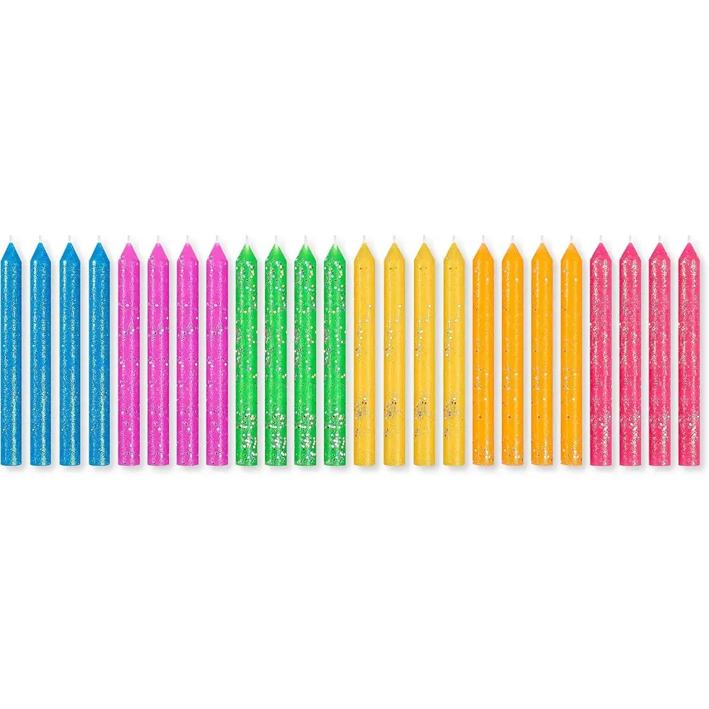 24-Count Bright Neon Glitter Birthday Candles Set - 3 in. Tall, Happy Birthday Gift, Adult Supervision Required, Festive Cake Decorations for Home Party Supplies, Holiday