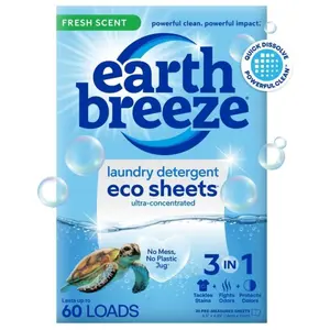 Earth Breeze Laundry Detergent Sheets Fresh Scent 60 Loads Eco Liquidless Soap Travel Friendly for Hot Cold Cycles Tackles Tough Stains Odors Gentle on Skin 30 Ct