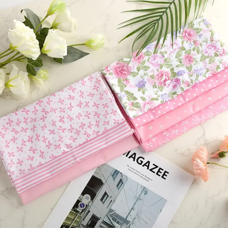 7Pcs 20inch Pink Peony Cotton Fabric, Soft Fat Quarter Bundles, DIY Quilting Patchwork Cloth, Multipurpose Material for Cushion Bag Tablecloth Handcraft Making
