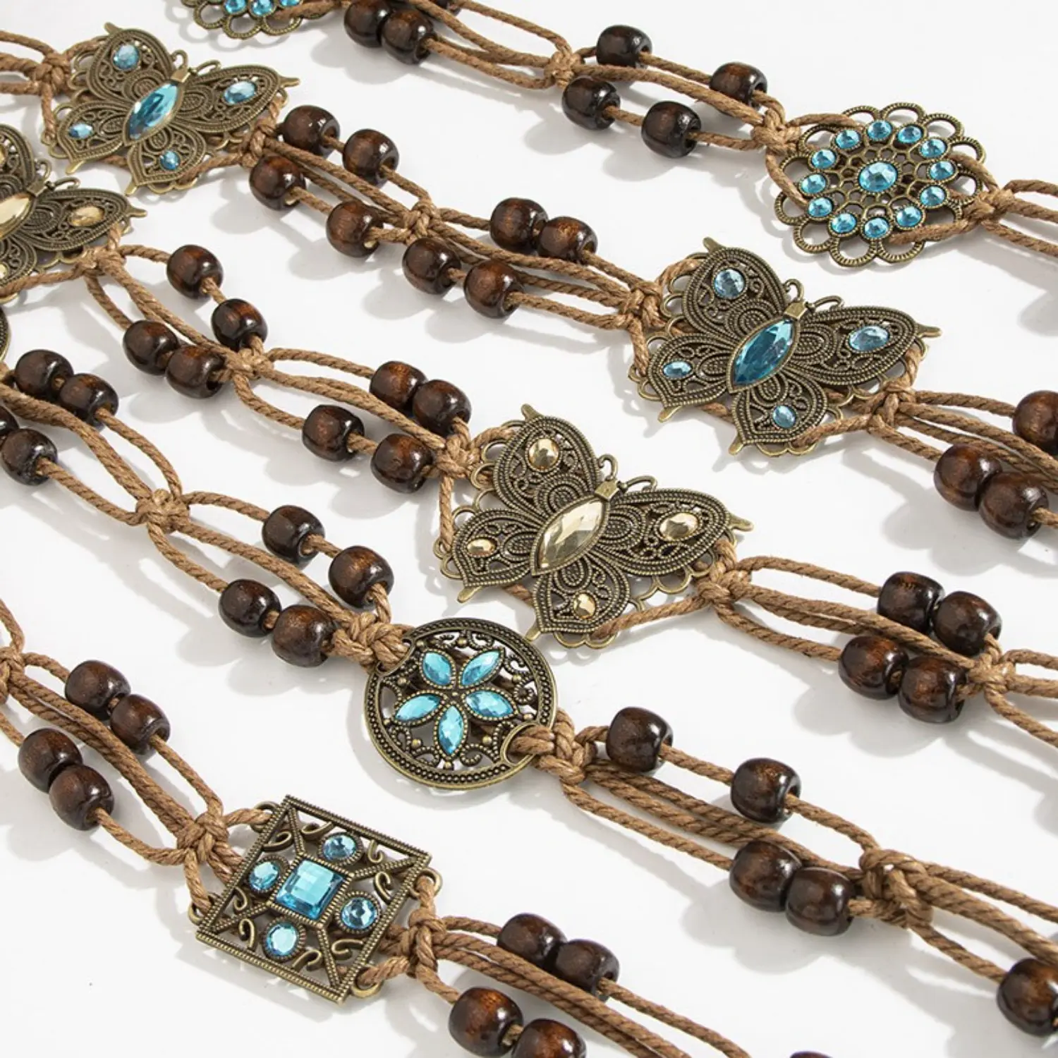 Women's Bohemian Sports Wristbands - Handmade Ethnic-Style 1-Piece Woven Rope Wristbands with Wooden Beads, Rhinestone Butterfly Accent, Ethnic Pattern for Adult Casual Wear, One-Piece