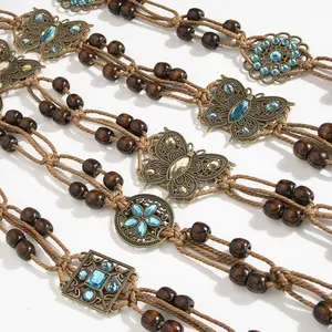 Bohemian style butterfly rhinestone woven knotted ethnic style handmade wooden beads women's belt leisure vacation wind waist rope