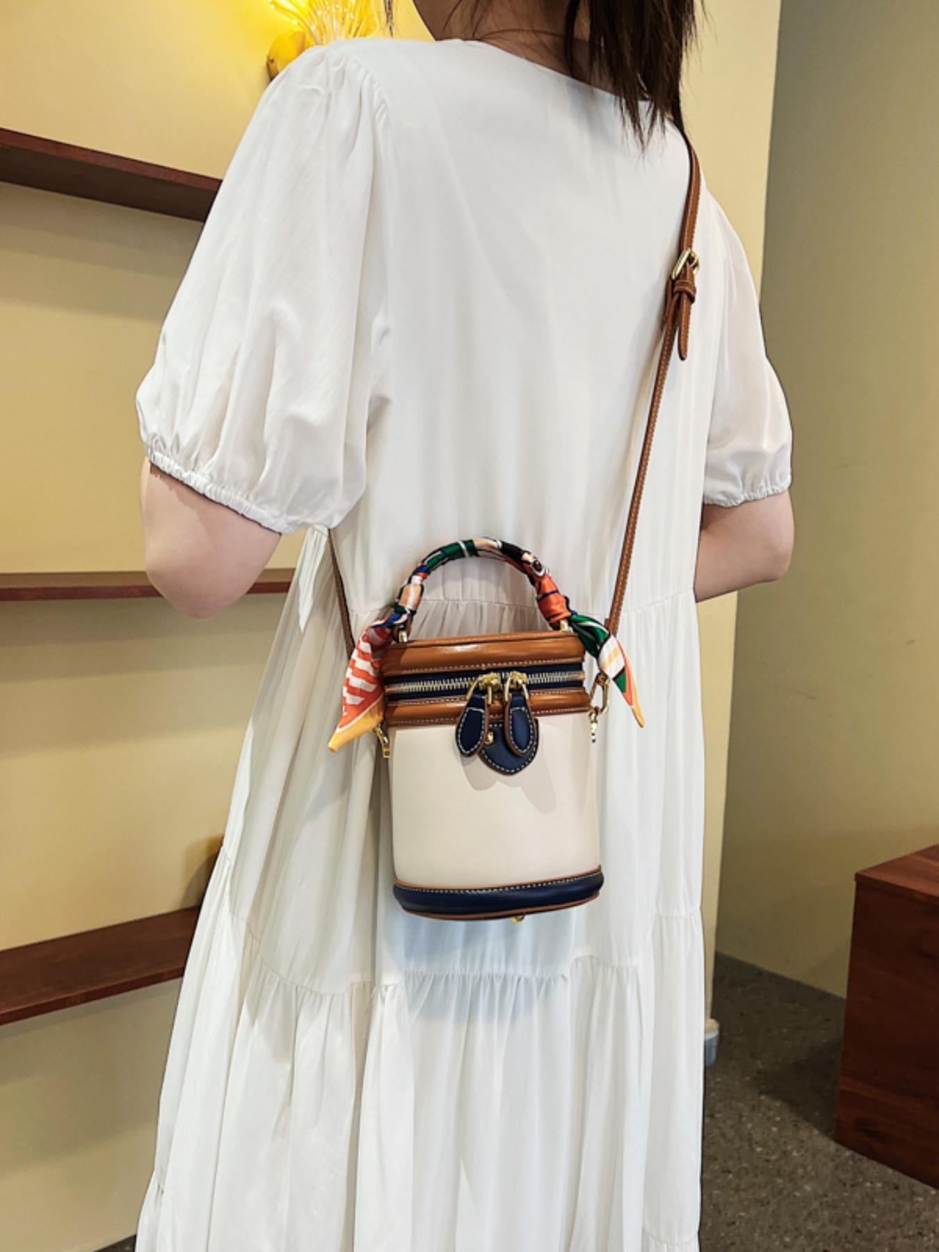 Fashion Colorblock Bucket Bag, Casual Pu Leather Zipper Crossbody Bag for Women, Casual Trendy Versatile High-quality Daily Commuting Bag, Girl Fashionable Shopping Bag, Fashionable Patterned Bag