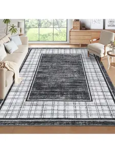 Gray-9*12 feet Modern Bordered Washable Area Rug Non Slip Non Shedding Low Pile Ultra Thin&Soft Stain Resistant Contemporary Plaid Soft Accent Carpet For Bedroom Dining Room Table Home Living Room Bedroom Kitchen Bathroom Hallway E, Stylish Border, Contem