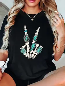 100% Cotton T shirts Skeleton Turquoise Hand Western Rodeo Cowboy Cowgirl T-Shirt Breathable & Comfort Fit Tee Women,Short Sleeve Crew Neck Top for All Seasons,Graphic Tees Women Tops