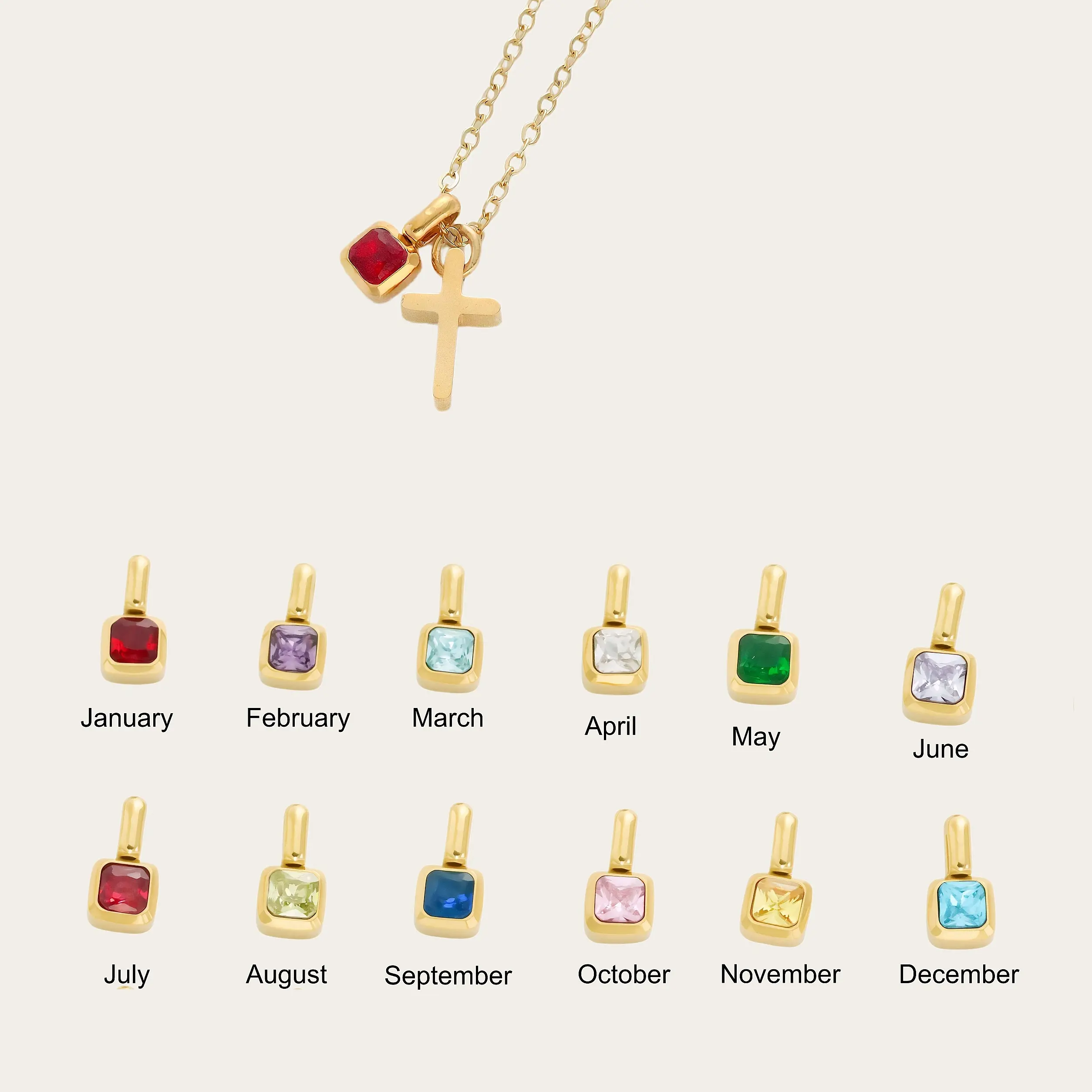 Chamica Gold Birthstone Necklace with Mini Cross Pendant for Women, 12-Month Crystal Charm, Stainless Steel Faith Jewelry, Birthday Gift