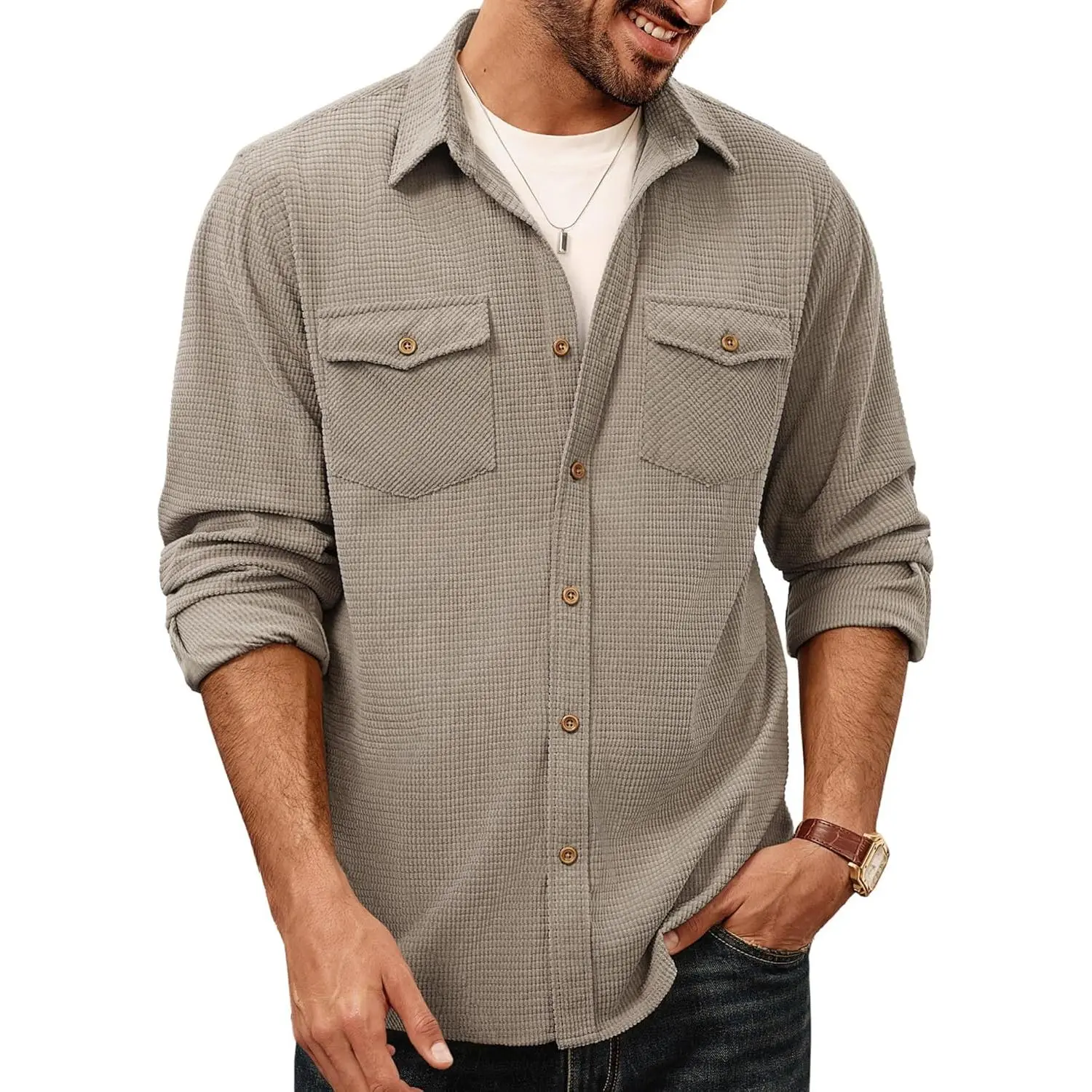 PJ PAUL JONES Men's Long-Sleeve Button-Down Waffle Fabric T-Shirt, Casual Wrinkle-Free Untucked Tops with Flap Pockets for Outdoor Wear