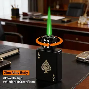 （Butane Gas Not Included）Creative Poker-Shaped Lighter Rotatable Windproof Green Flame Zinc Alloy Body Gift for Boyfriend Husband or Friend
