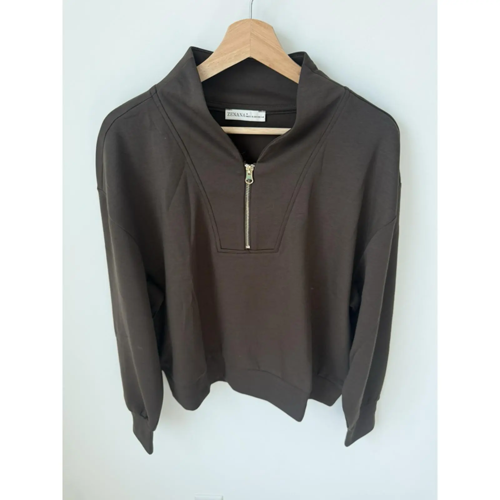 Zenana Espresso Scuba Women's Classic Quarter-Zip Pullover with Stand Collar and Metal Zipper, Relaxed Fit, Neutral Tone, Small Size