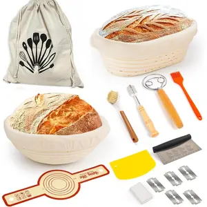 Banneton Basket Set, Complete Sourdough Baking Kit with 9'' Round and 10'' Oval Proofing Bowls Bread Baskets, Sling, and Other Bread Making Supplies Tools - Ideal for Artisan Bread
