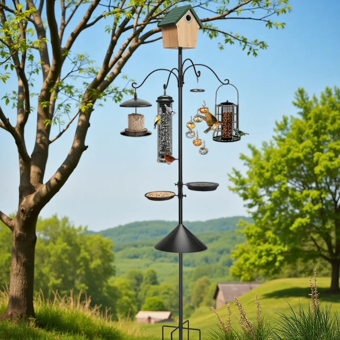 Sturdy Outdoor Decorative Bird Feeder Pole Single Unit - Adjustable Garden Bird Feeding Station with Squirrel Guard Plate, Feeder, 4 Hooks & Multiple Shepherd Hooks (Home Improvement Garden Supplies Gift for Outside House Decoration), Bird Feeder Squirrel