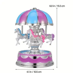 Carousel Music Box With 3 Rotating Horses LED Lights Glowing 4 Color Options for Kids and Adults