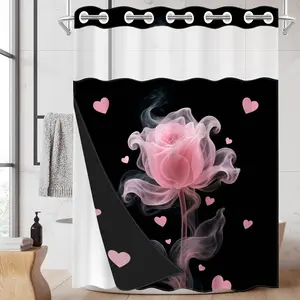 1PC 2D Flat No Hooks Double Layer Shower Curtain, Smoke Pink Rose Heart Print Waterproof Fabric, Home Decor, Bathroom Decoration Accessories, Accessories for Home Bathroom, Clear Top Window & Detachable Snap-In Liner, Room Divider, 71×74 Inch