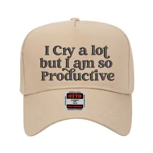 DSY Lifestyle Two-Tone Baseball Hat - "I Cry a Lot But I Am So Productive" Embroidered Trucker Cap for Women & Men - Adjustable Snapback Hat with Structured 5-Panel Fit