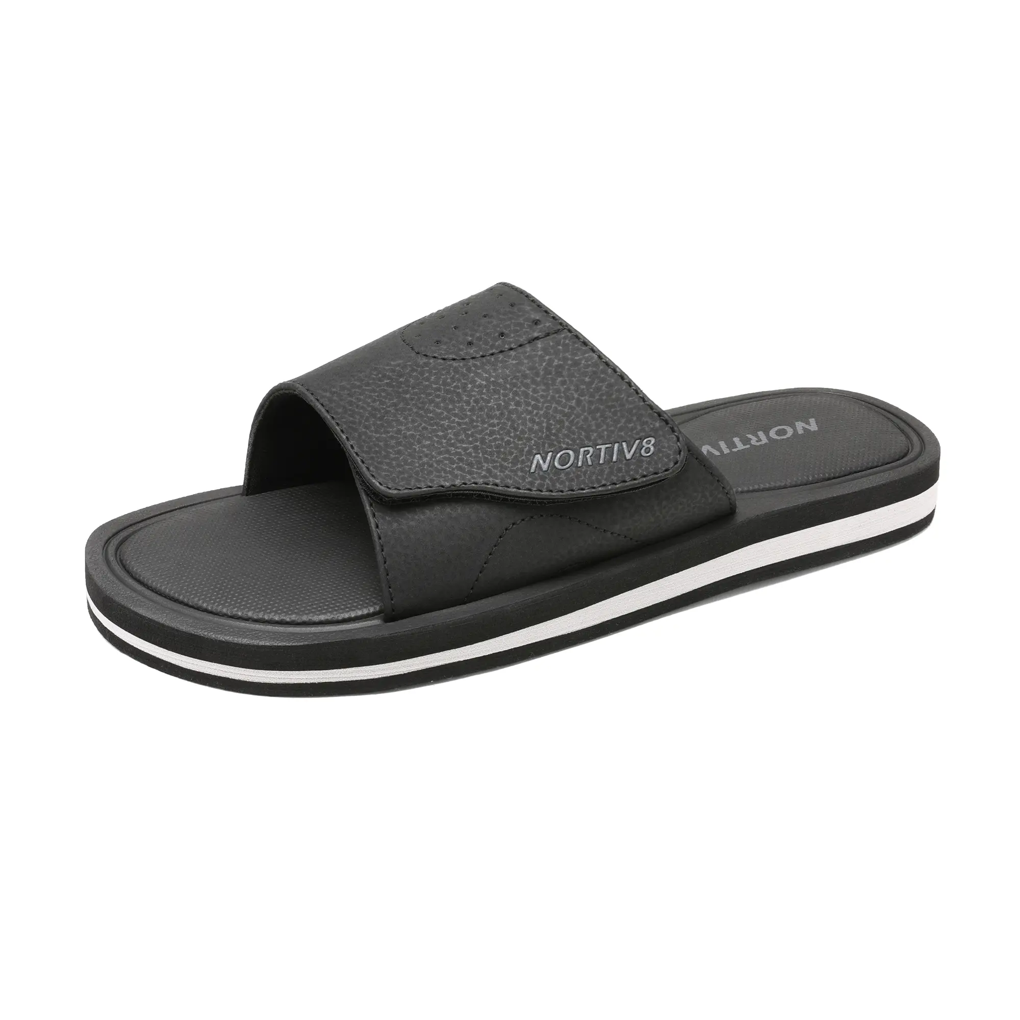 NORTIV 8 Men's PU Leather Slide Sandals with Adjustable Strap, Casual Cushioned Open Toe Footwear, Anti-Slip & Water-Resistant for Indoor/Outdoor, Anti-Slip Strap Men's Sandals, Shower Shoes, Relaxation, Abrasion Resistant Men's Sandals