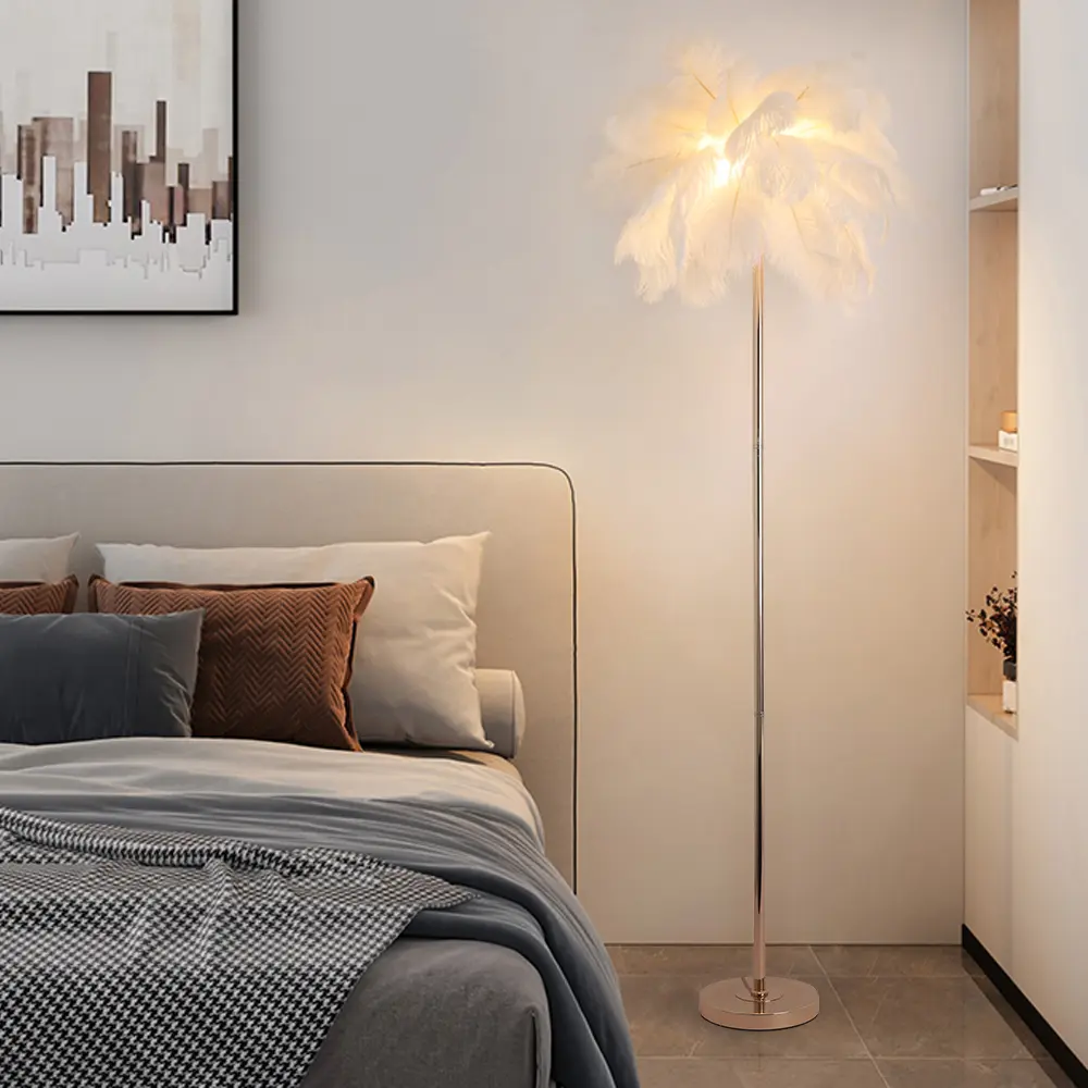 Homary Loftus Art Deco Floor Lamp - White Feather Shade, Rose Gold Finish, Sturdy Metal Base, LED Atmosphere Decorative Indoor Ambient Lighting Fixture, Led Atmosphere Lamp Led Corner Lamp,dorm essentials,home decor,home essentials,camping essentials
