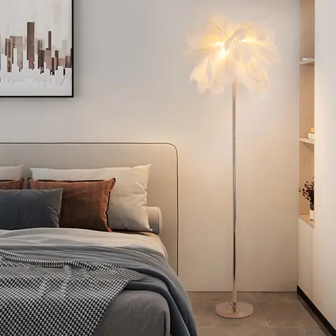 Homary Loftus Art Deco LED Floor Lamp - White Feather Shade, Rose Gold Finish, Sturdy Metal Base, 3-Light Setup, 3W, 61" Height, Ambient Lighting for Bedroom, Art Deco Interior Design Dorm Essential