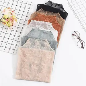 2Colors Women'S Multi Sheer Lace & Mesh Long Sleeve Blouse - Slim Fit High Neck Fishnet Top with Floral Embellishment, Breathable Shirt for Spring Summer Fall, Elegant Semi-Sheer Layering Piece for Casual & Formal Outfits Womenswear
