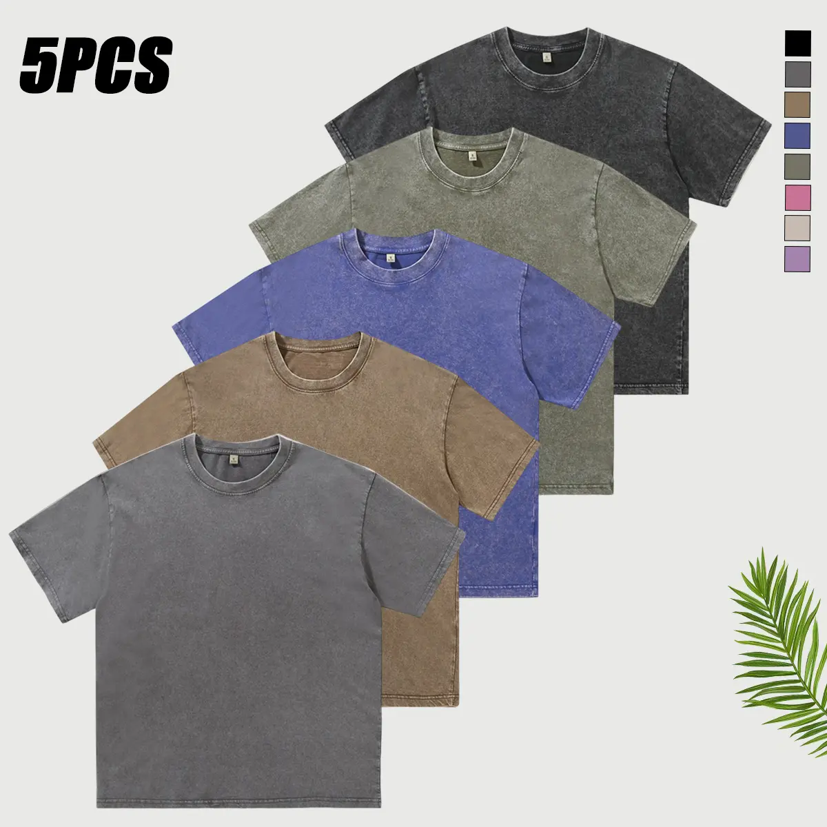 Men's 5-Piece Washed Look Plain Crew Neck T-Shirt Set - 100% Soft Cotton, Loose-Fitting Casual Short-Sleeve Chic Tops, Solid Colors (Gray, Khaki, Blue, Green, Black), Breathable Streetwear