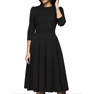Women’s plain pocket dress, elegant formal 3/4-sleeve round-neck dress, suitable for parties and wedding guests, women’s clothing for all seasons GARMENTARY