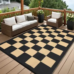 Large Outdoor Rug  Waterproof Modern Checkboard Plastic Straw Foldable Reversible Camping Mat, UV-Resistant Geometric Plaid Woven Carpet for Picnic, Deck, Black Brown