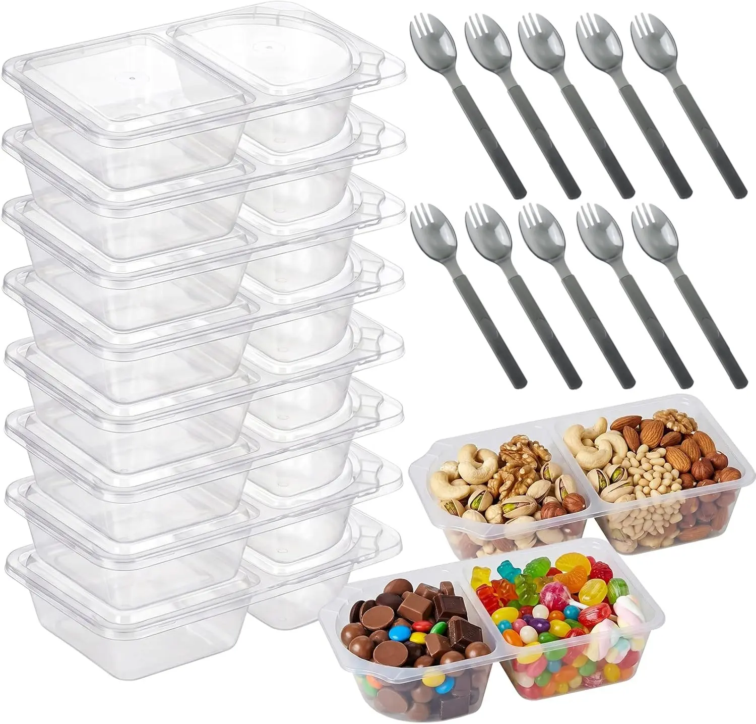 30 Pack Clear Plastic Divided Meal Prep Containers with Lids and 30pcs Sporks, Stackable Snack Lunch Boxes, for Portion Control, Fruit, Nuts, Travel, School Office Picnic