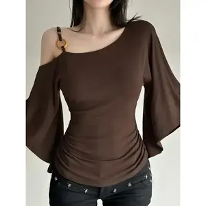 Women's retro ethnic style pearl asymmetrical shoulder sleeve top, spring and autumn fashion slim fit, medium fabric (gift) casual women's clothingRAIMENTRY