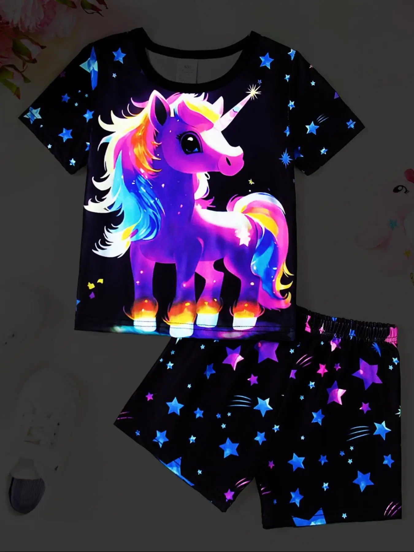 Girl's Unicorn Print Short Sleeve Tee & Star Print Shorts Set, Casual Round Neck T-shirt & Shorts, Kids Summer Clothes, Cute Clothes Set, Kids Clothi