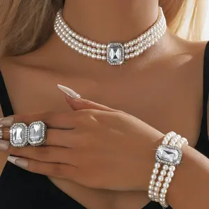 Pearl Necklace Jewelry Set Wedding Pearls Earrings Necklaces Set Bridal Crystal Bracelet Jewelry for Women