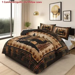 IThree-piece brown country vintage deer quilt set (includes 1 quilt + 2 pillowcases, no pillow inserts). The quilt filling is 200g digital-printed polyester bedding fabric, soft and breathable. Suitable for bedrooms, dormitories, and homes.