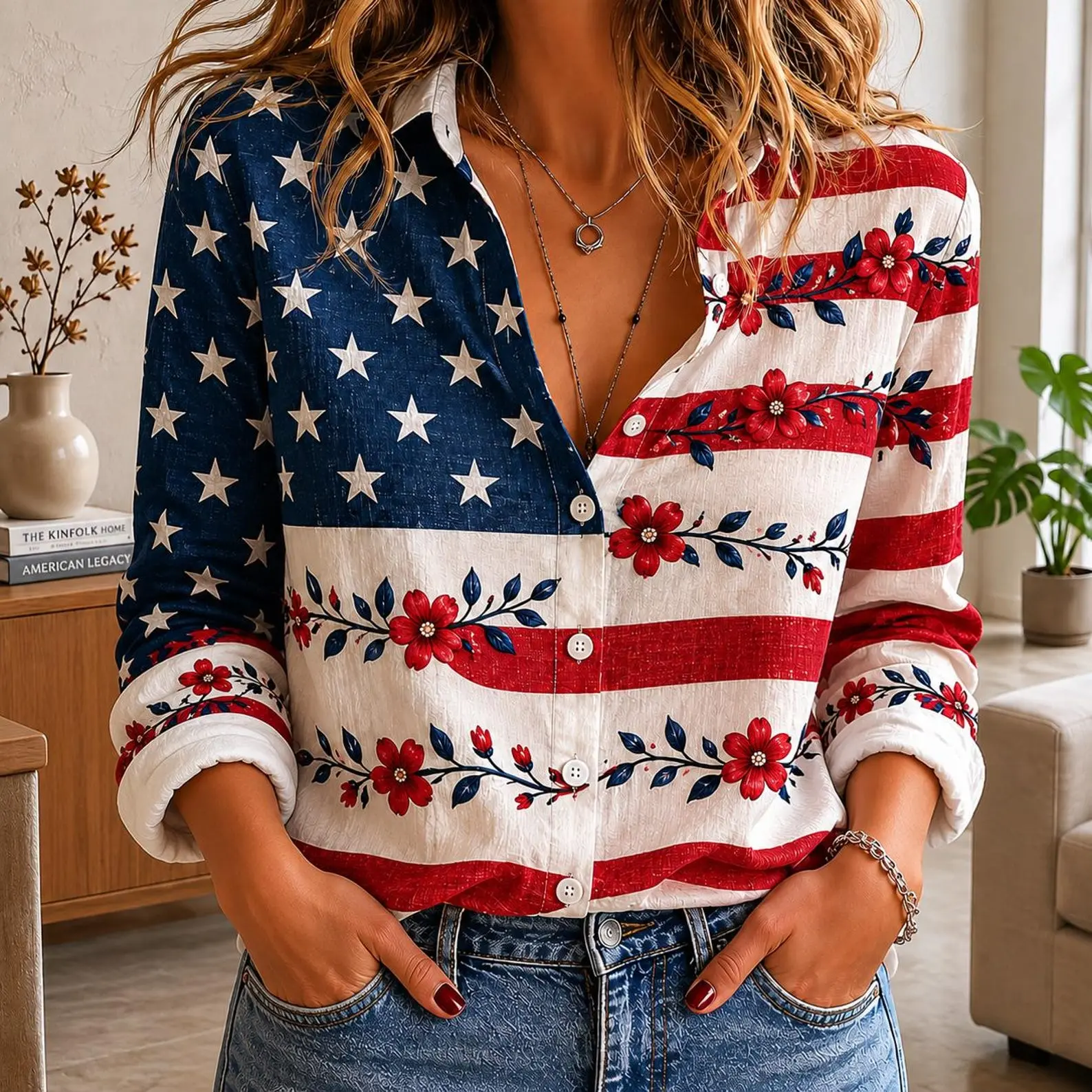 Vintage American Flag Floral Blouse Shirt, Patriotic Casual 4th of July Blouse, Merica Red White Blue Top, Independence Day Summer Outfit