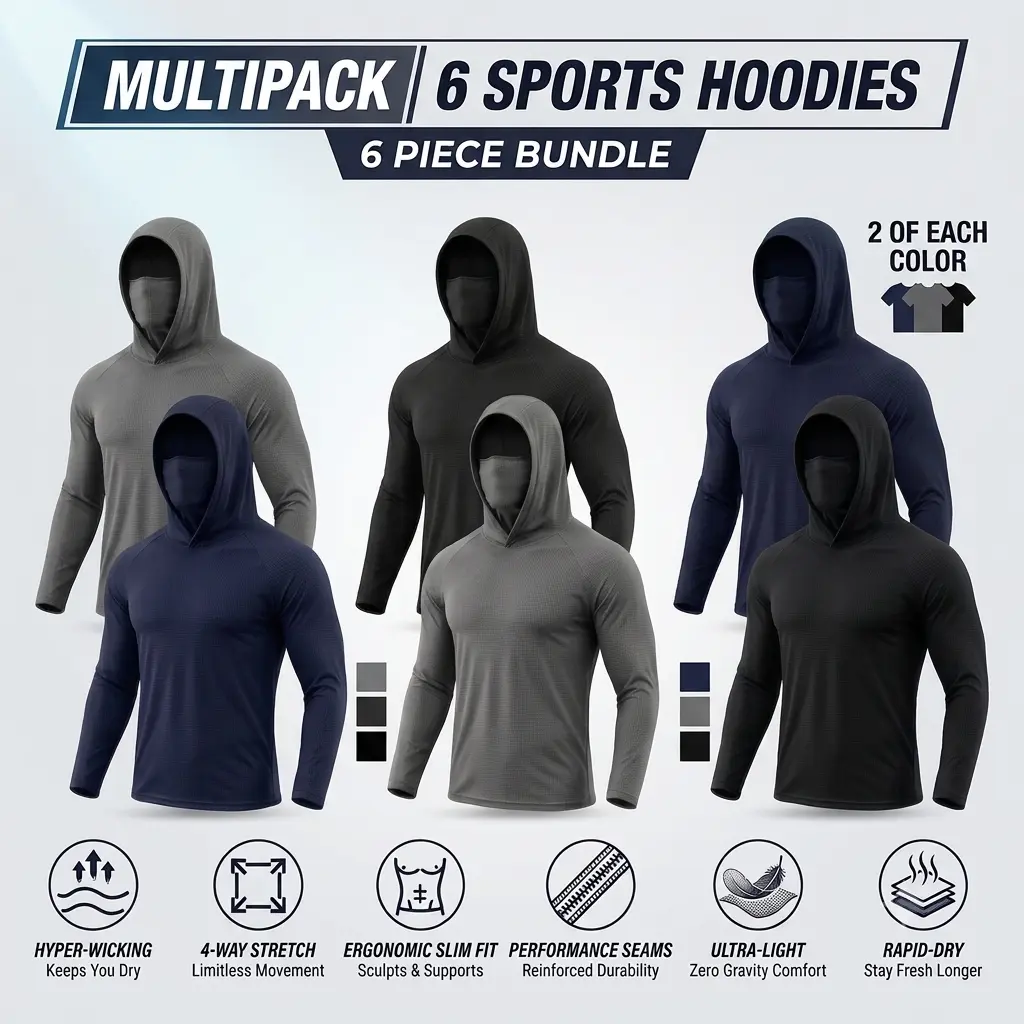 Men's 6-Pack Quick Dry Sports Hoodies - Athletic Long Sleeve Moisture Wicking Compression Tops with Built-in Face Mask, Breathable Lightweight Gym Running Shirts (Black, Grey, Blue)