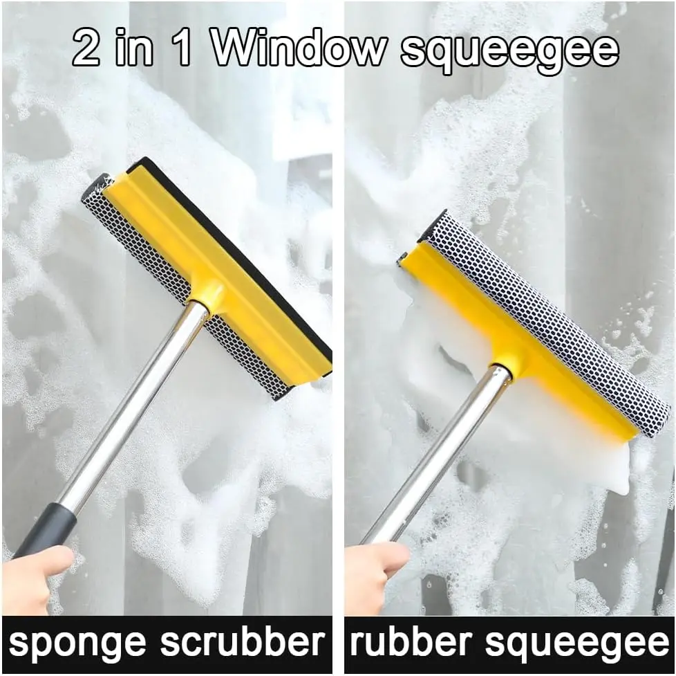 Window  2 in 1 Squeegee with Long Handle, 2 in 1 Squeegee with Cleaning Sponge and Rubber Blade,Car Squeegee Window Cleaning Tool for Gas Station, Glass,Shower,Windshield (Yellow)