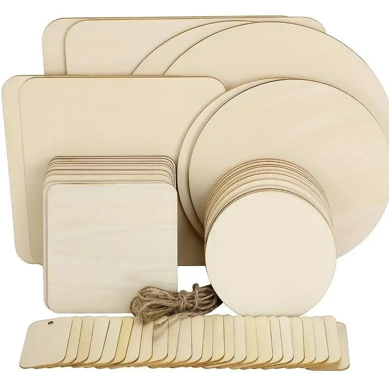 54pcs Untreated Wooden Board for Handicrafts with Twine, Round Square Heart-shaped Wooden Slices Blanks, Branding Painting Painting Writing Staining Wooden Board Set, for DIY Crafts, Party Decoration