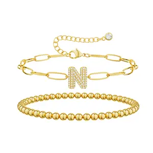 FUNSANNY Gold Layered Bracelets for Women Trendy Cubic Zirconia A-Z Beaded Initial Bubble Letter Bracelet Adjustable Paperclip Chain Bracelets Jewelry