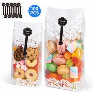 100PCS Cookie Bags, Lace Edges Clear Baking Food Bags - for Wedding, Bridal Party, Birthday Party Decor - Candy, Cookie & Gift Packaging - Perfect for DIY Projects & Halloween Christmas Celebrations