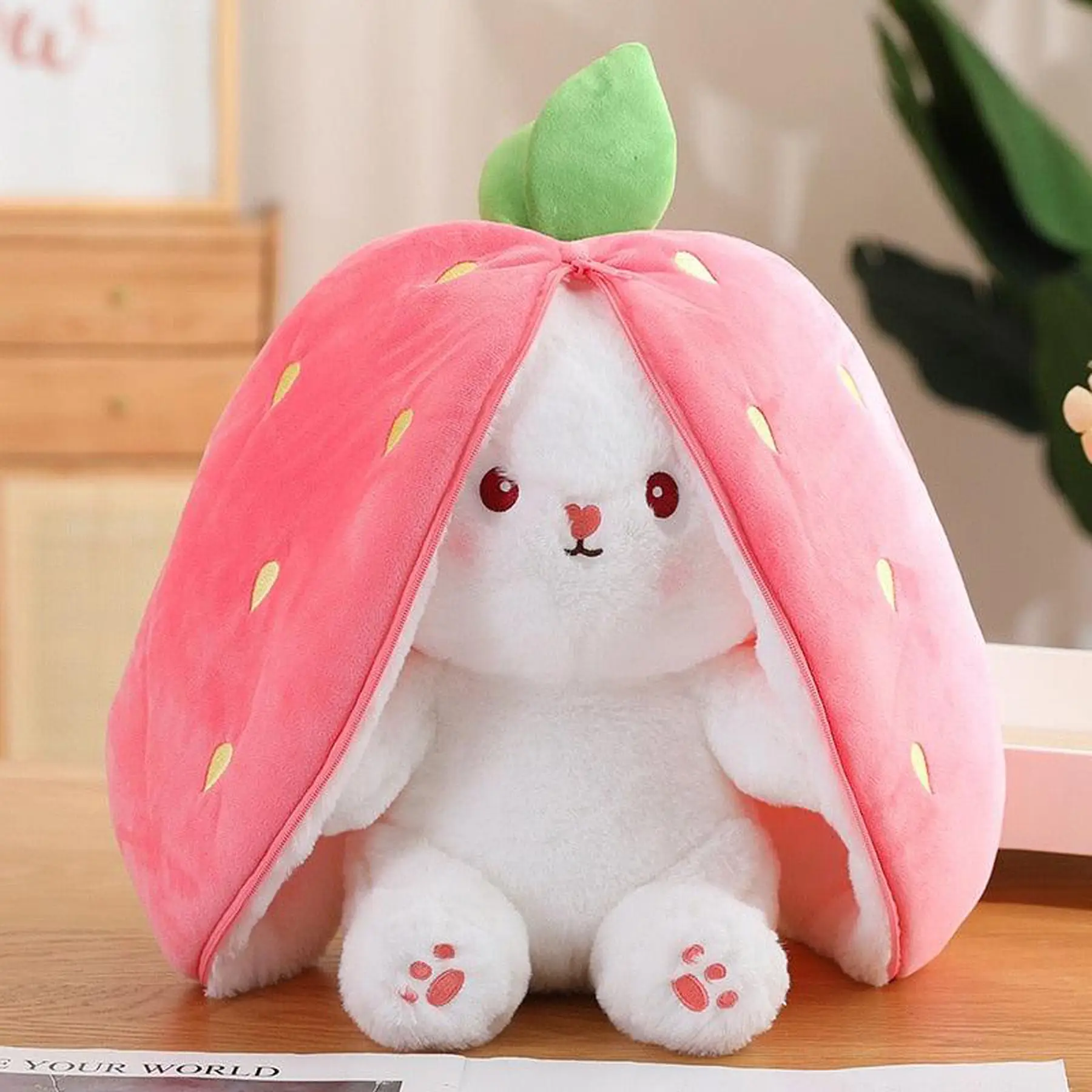 Bunny Plush Toy – Strawberry & Carrot Outfit Bunny Stuffed Animal for Kids, Girls & Kawaii Gift Giving