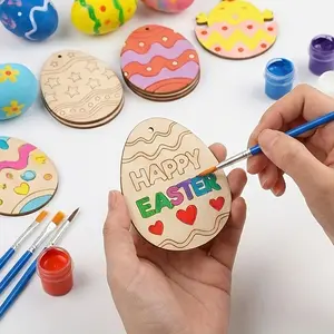 Easter Wooden Egg Shaped Decorations Set, 16 Pieces, Includes 8 Wood Slices and 8 Strings, DIY Spring Home Hanging Ornaments, Easter Craft Supplies, Easter Themed Decor