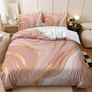 Bedding 3-piece set - 3PCS,pink, white and gold marble pattern down comforter set (1 comforter cover + 2 pillowcases, filling not included).soft and comfortable, suitable for family bedrooms Bedding Sets
