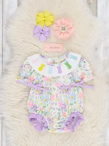 Bunny Floral Embroidered Ruffle Bubble Romper