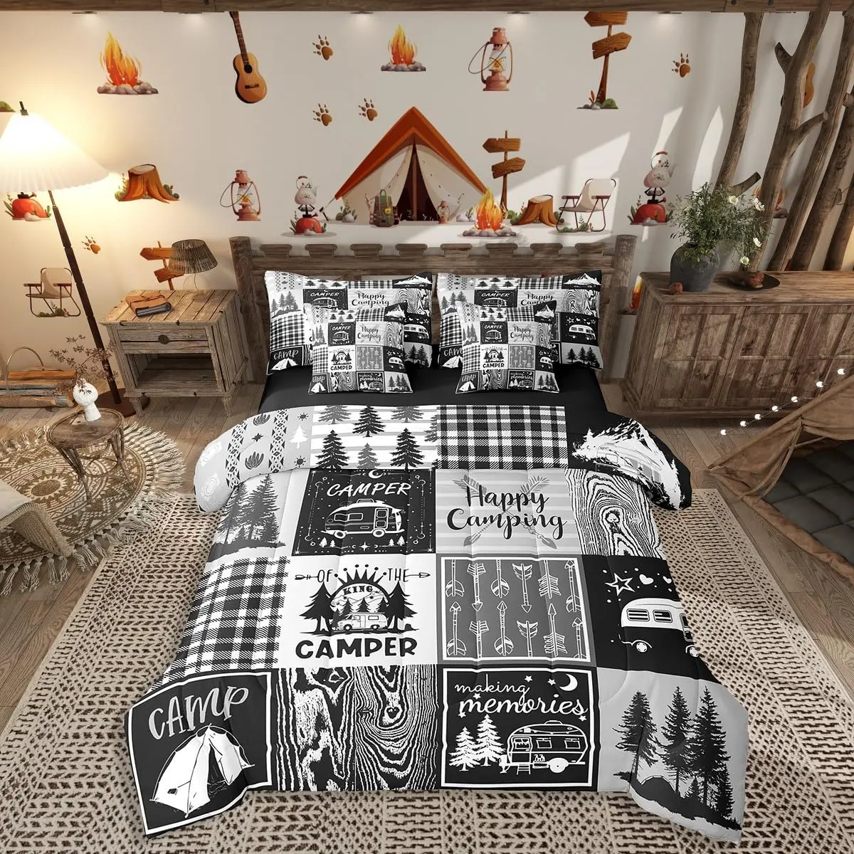 Rv Bedding Sets,7 Piece Plaid Camper Bed in A Bag,Rustic Farmhouse Camping Bunk Comforter Set,Woodland Travel Bed Set for Kids Boys Men